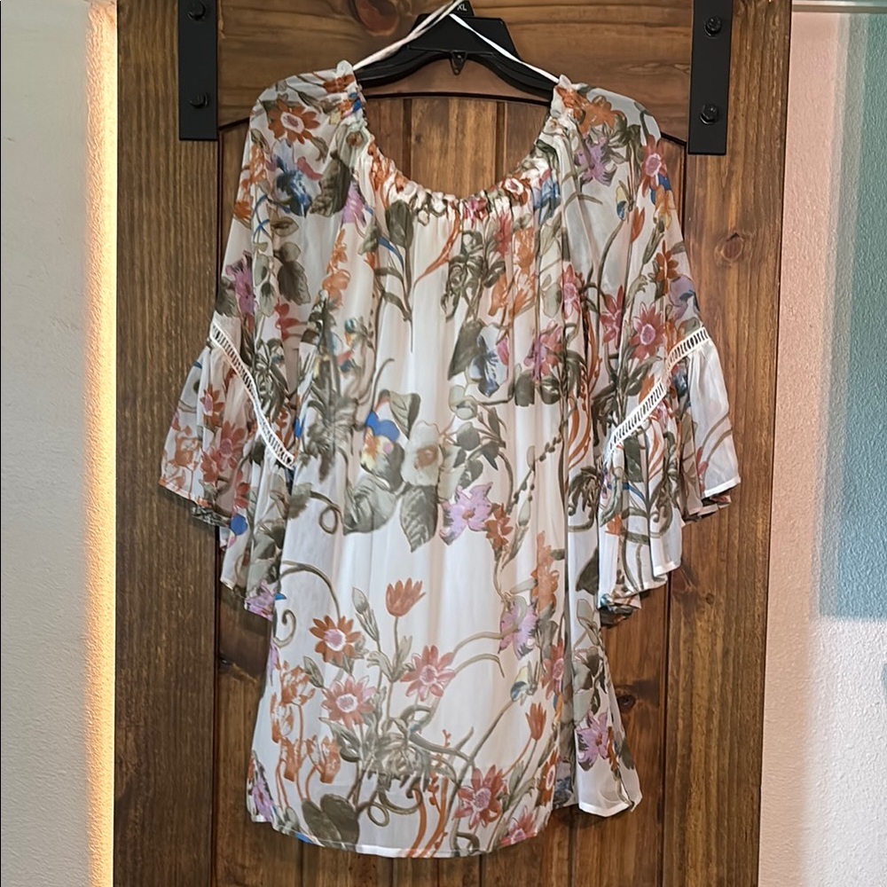 Brown and Tan Flutter Sleeve Ruffled Blouse